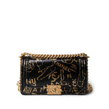 CHANEL 19A Old Medium Le Boy Black and Gold Crocodile Embossed Graffiti -Knockoff
