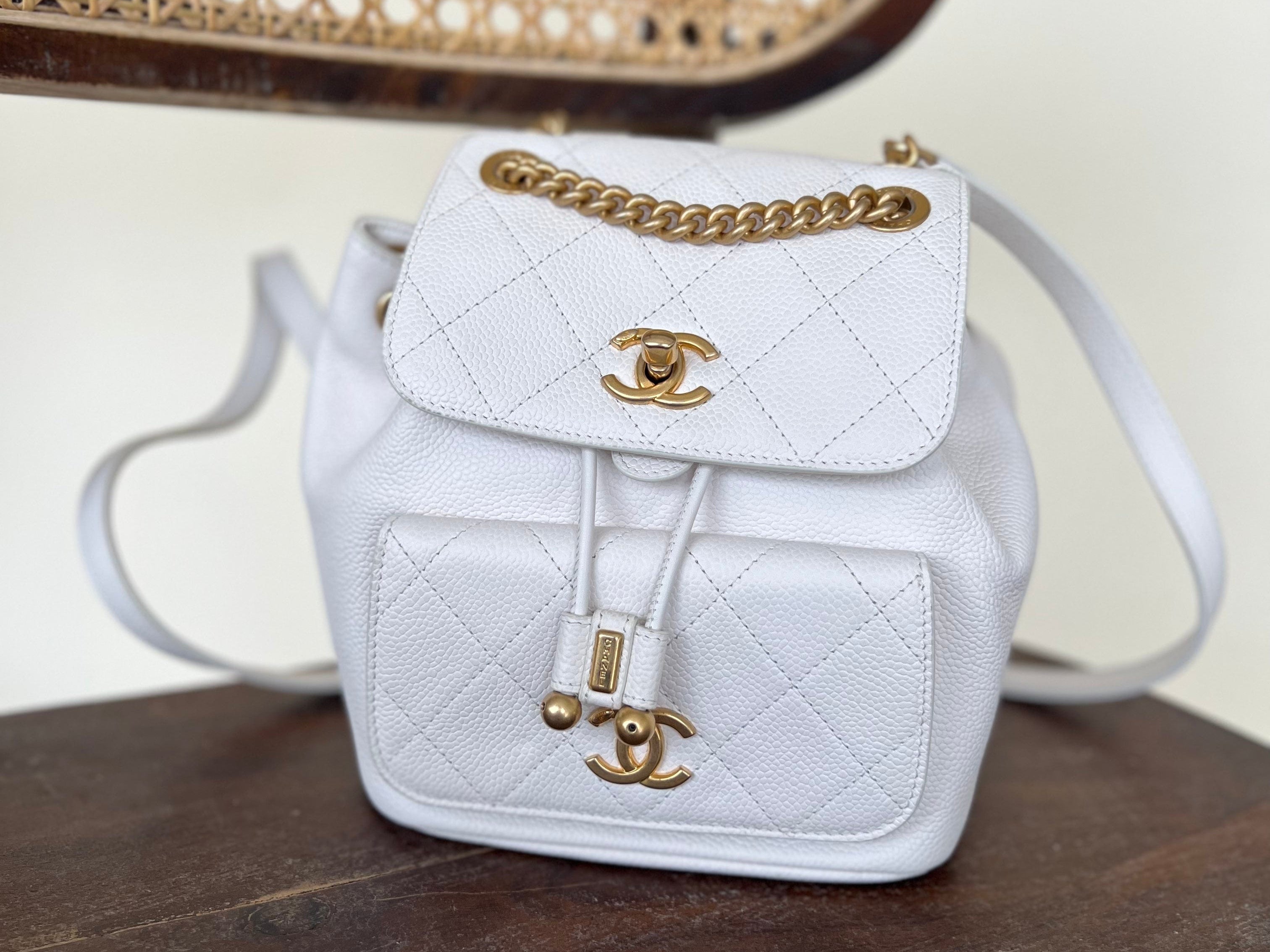 CHANEL Backpack White Caviar Quilted BackPack w/ Aged Gold Hardware -Knockoff
