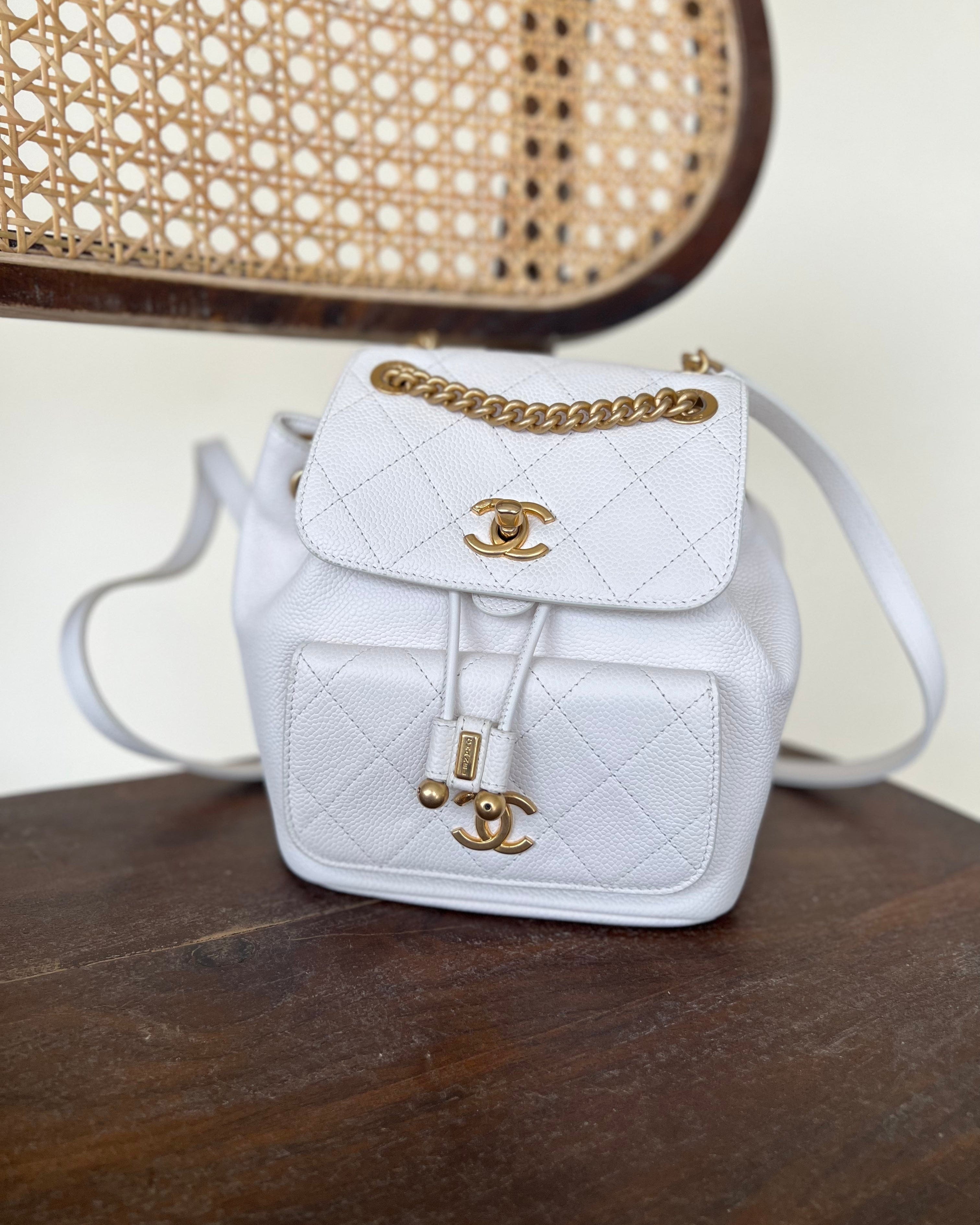 CHANEL Backpack White Caviar Quilted BackPack w/ Aged Gold Hardware -Knockoff
