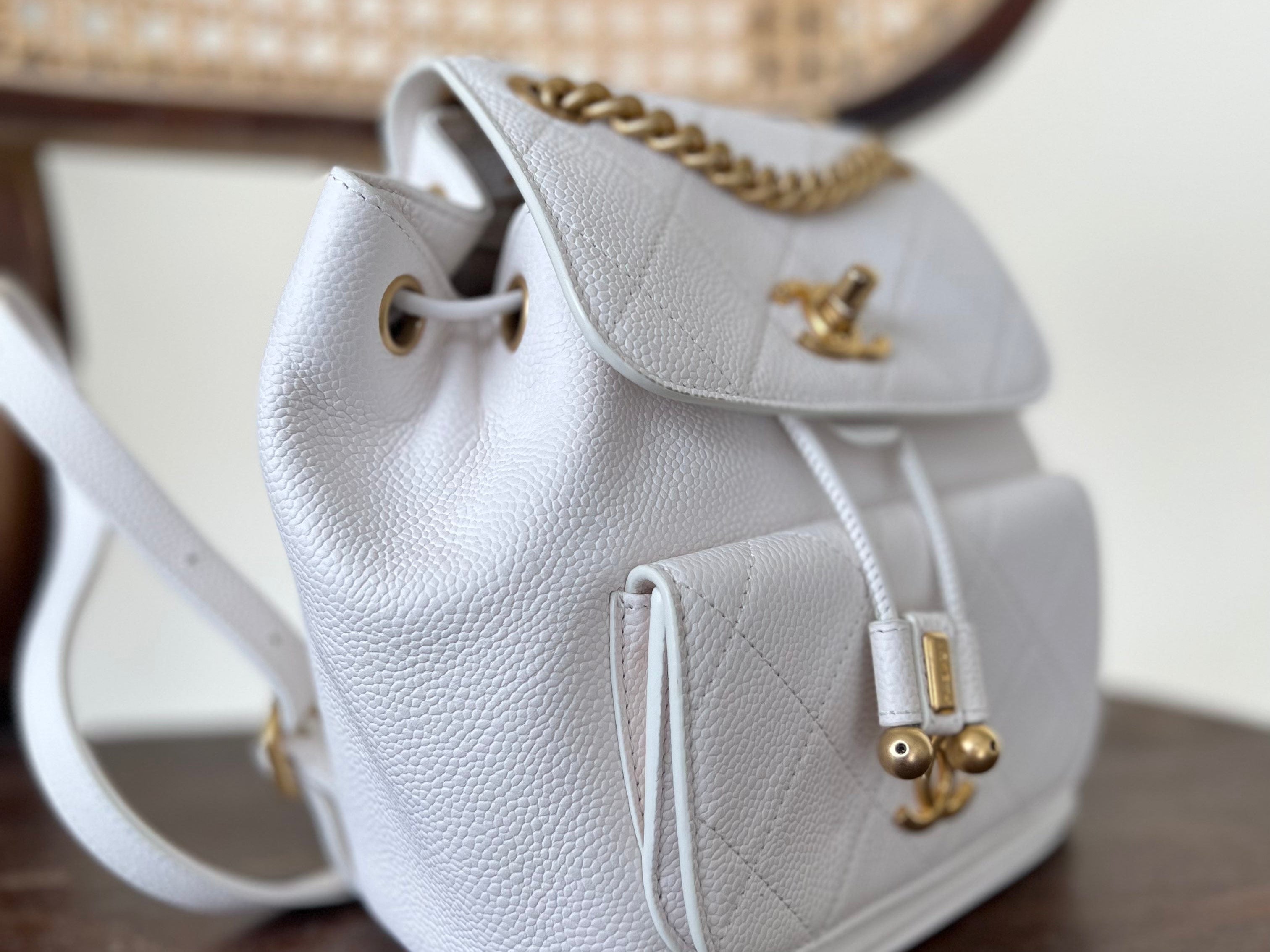 CHANEL Backpack White Caviar Quilted BackPack w/ Aged Gold Hardware -Knockoff
