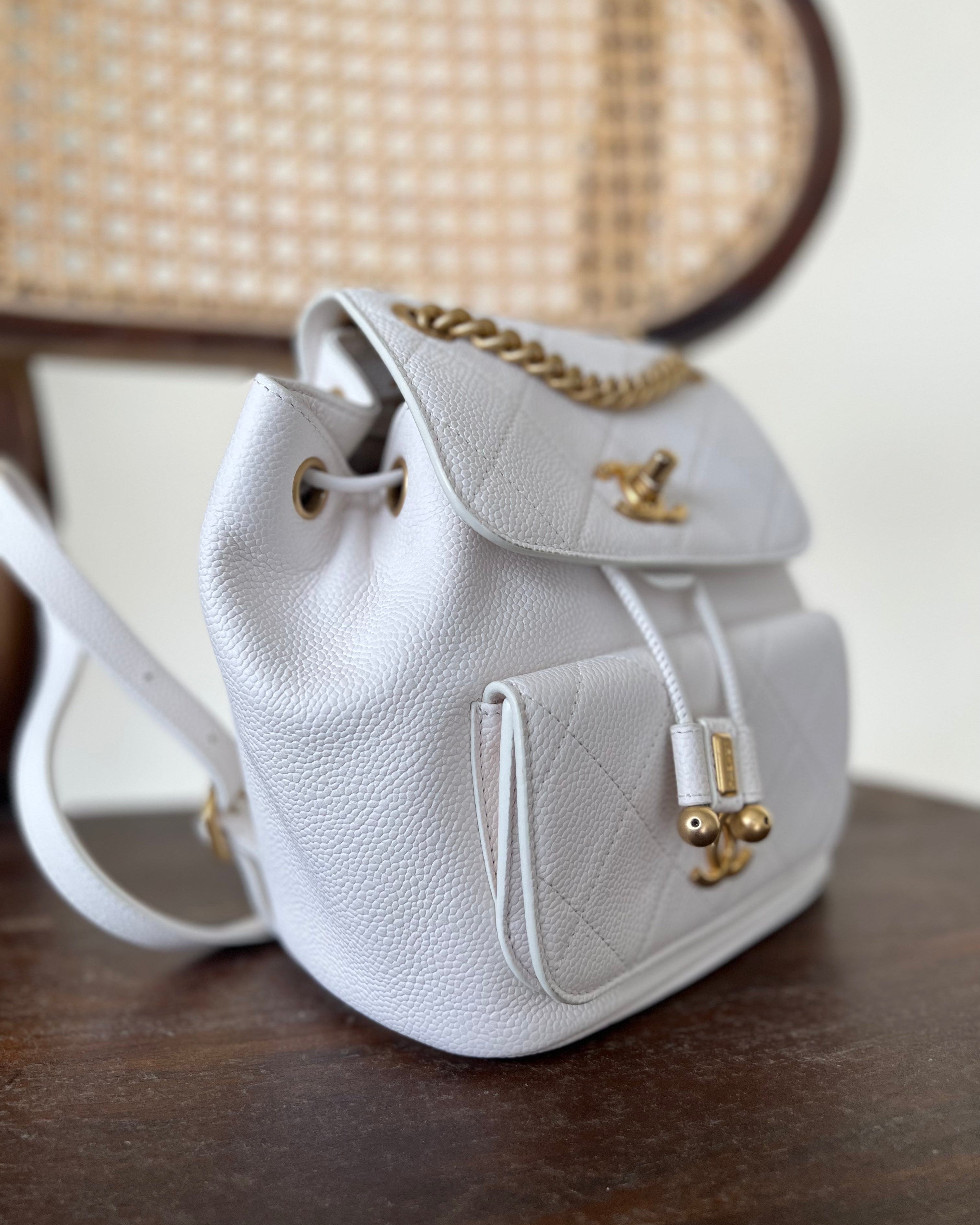 CHANEL Backpack White Caviar Quilted BackPack w/ Aged Gold Hardware -Knockoff
