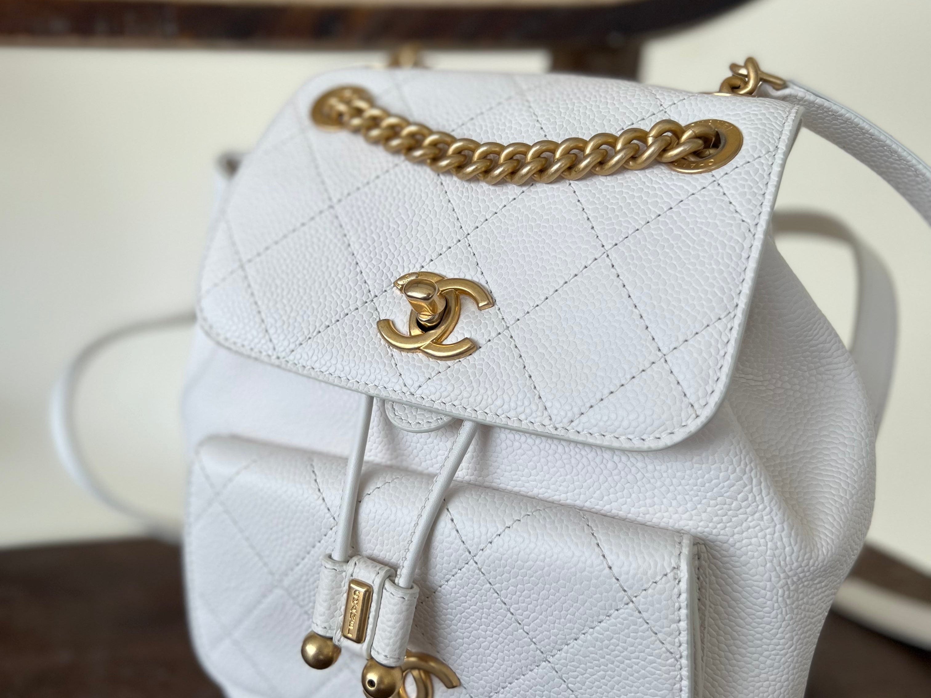 CHANEL Backpack White Caviar Quilted BackPack w/ Aged Gold Hardware -Knockoff
