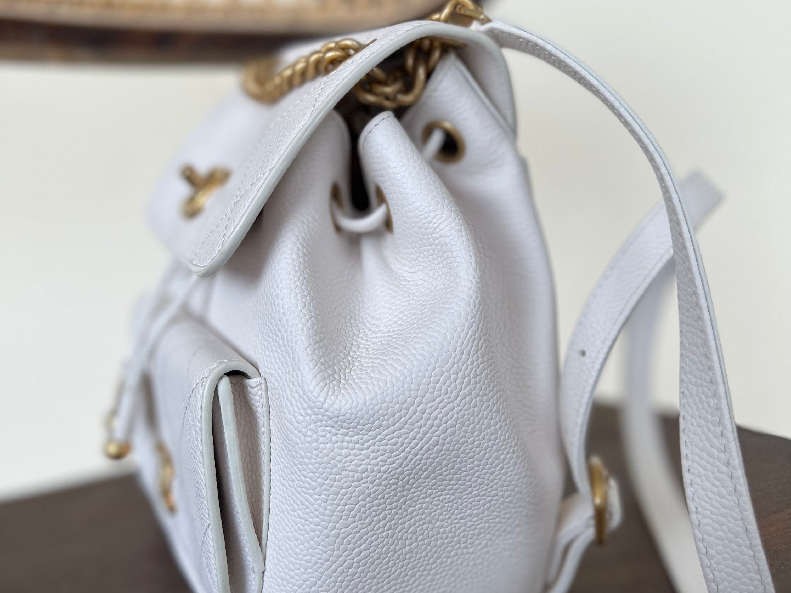 CHANEL Backpack White Caviar Quilted BackPack w/ Aged Gold Hardware -Knockoff
