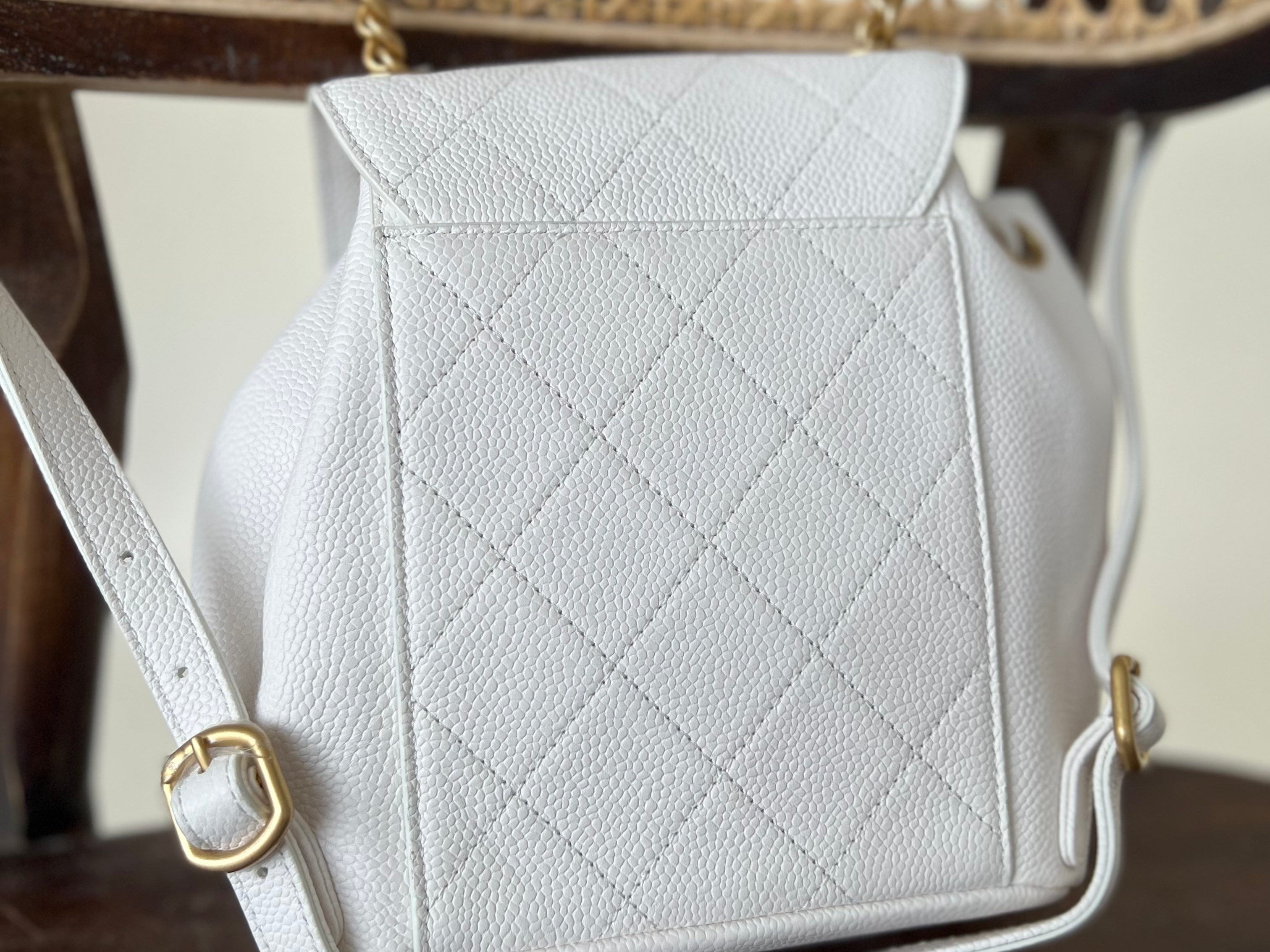 CHANEL Backpack White Caviar Quilted BackPack w/ Aged Gold Hardware -Knockoff
