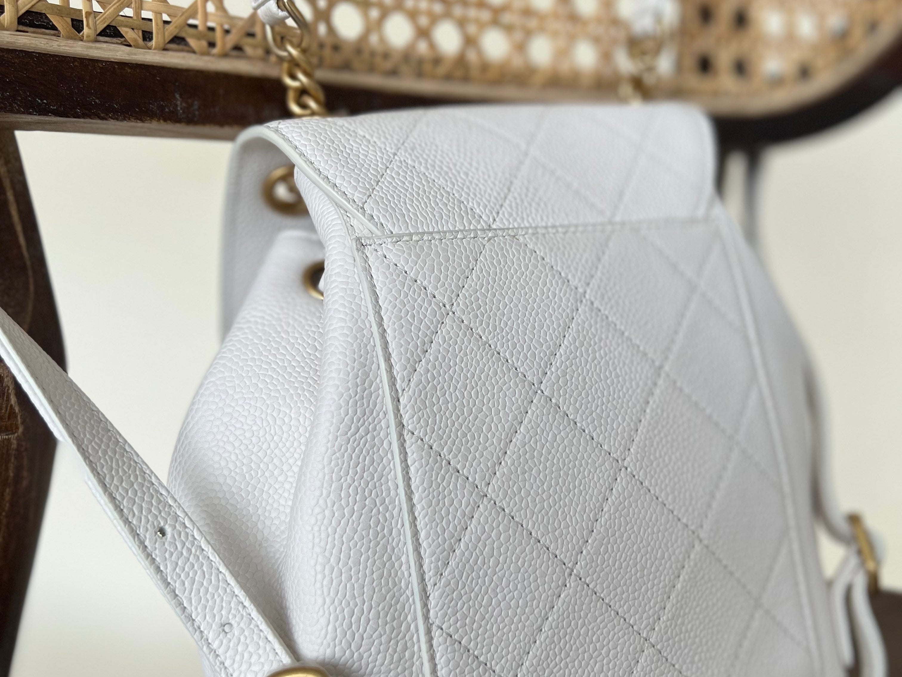 CHANEL Backpack White Caviar Quilted BackPack w/ Aged Gold Hardware -Knockoff
