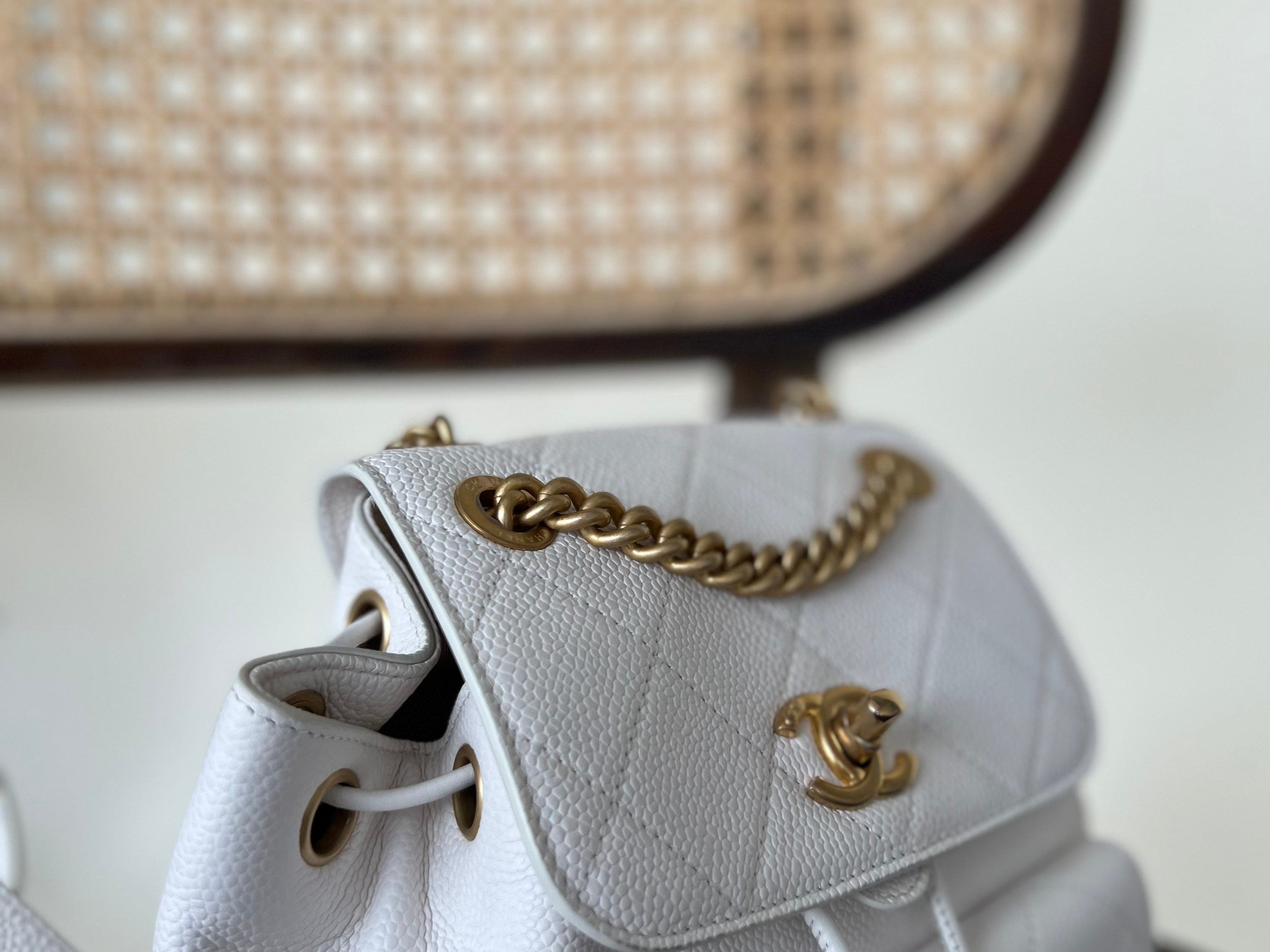 CHANEL Backpack White Caviar Quilted BackPack w/ Aged Gold Hardware -Knockoff
