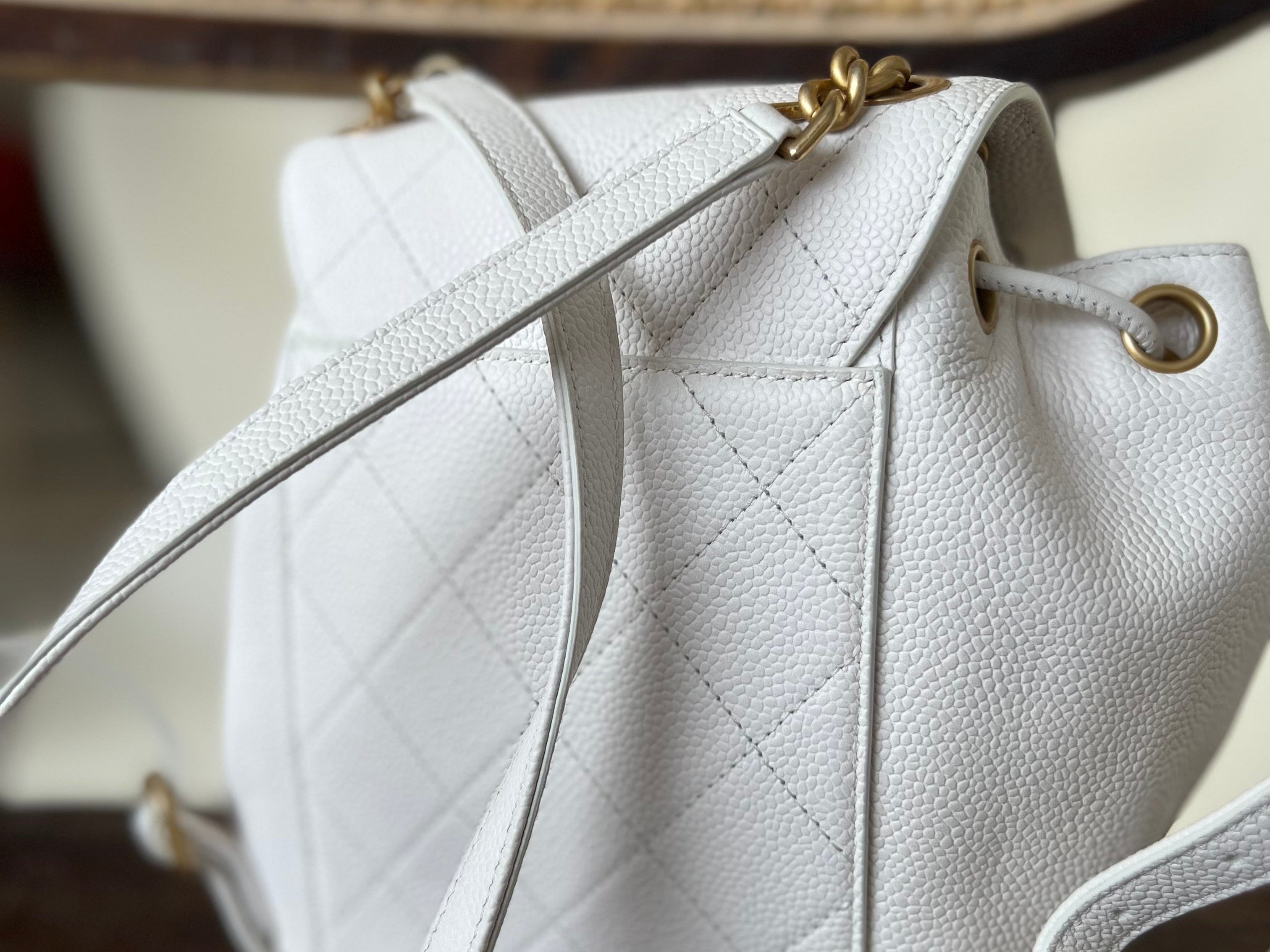 CHANEL Backpack White Caviar Quilted BackPack w/ Aged Gold Hardware -Knockoff
