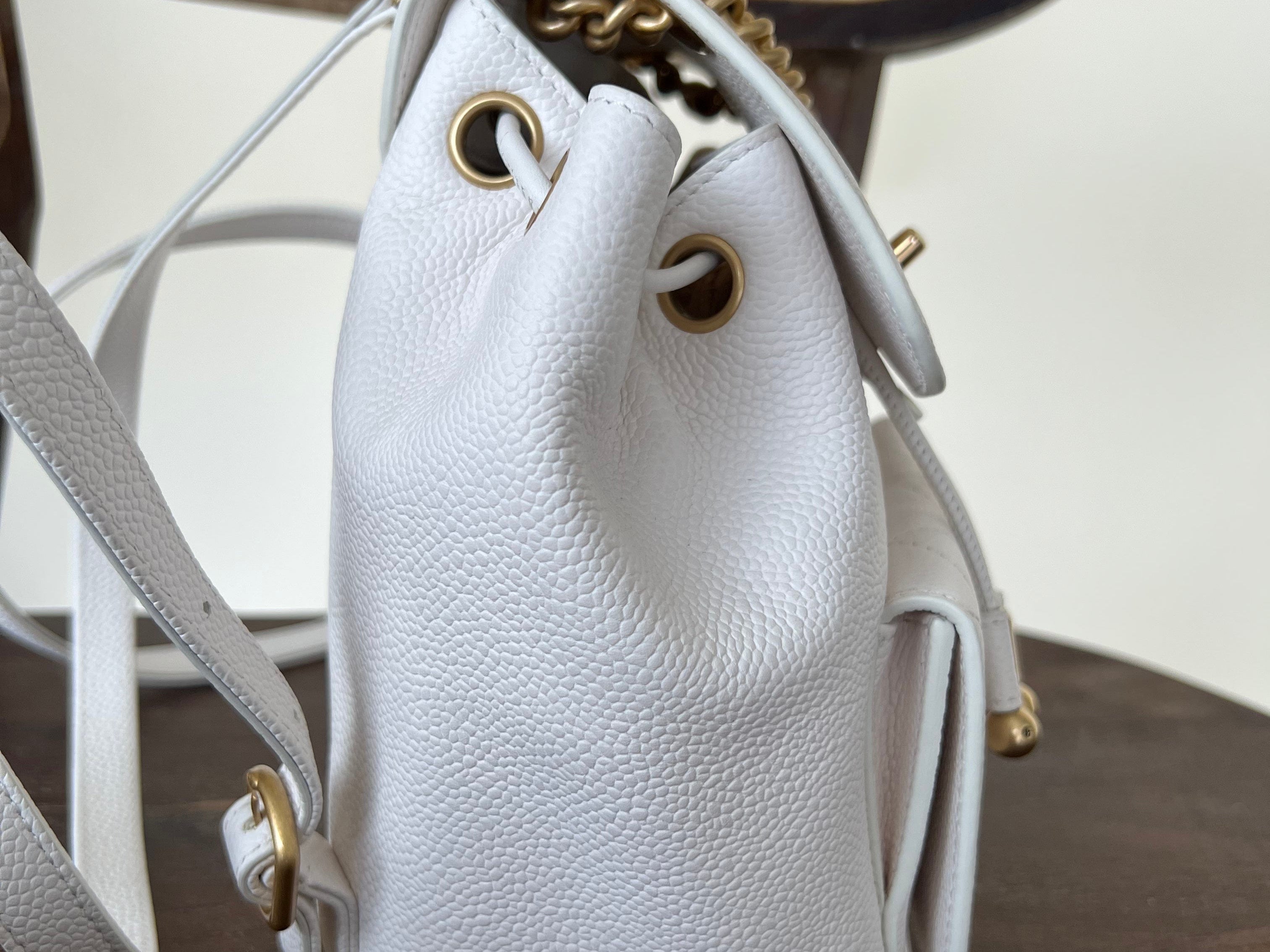 CHANEL Backpack White Caviar Quilted BackPack w/ Aged Gold Hardware -Knockoff
