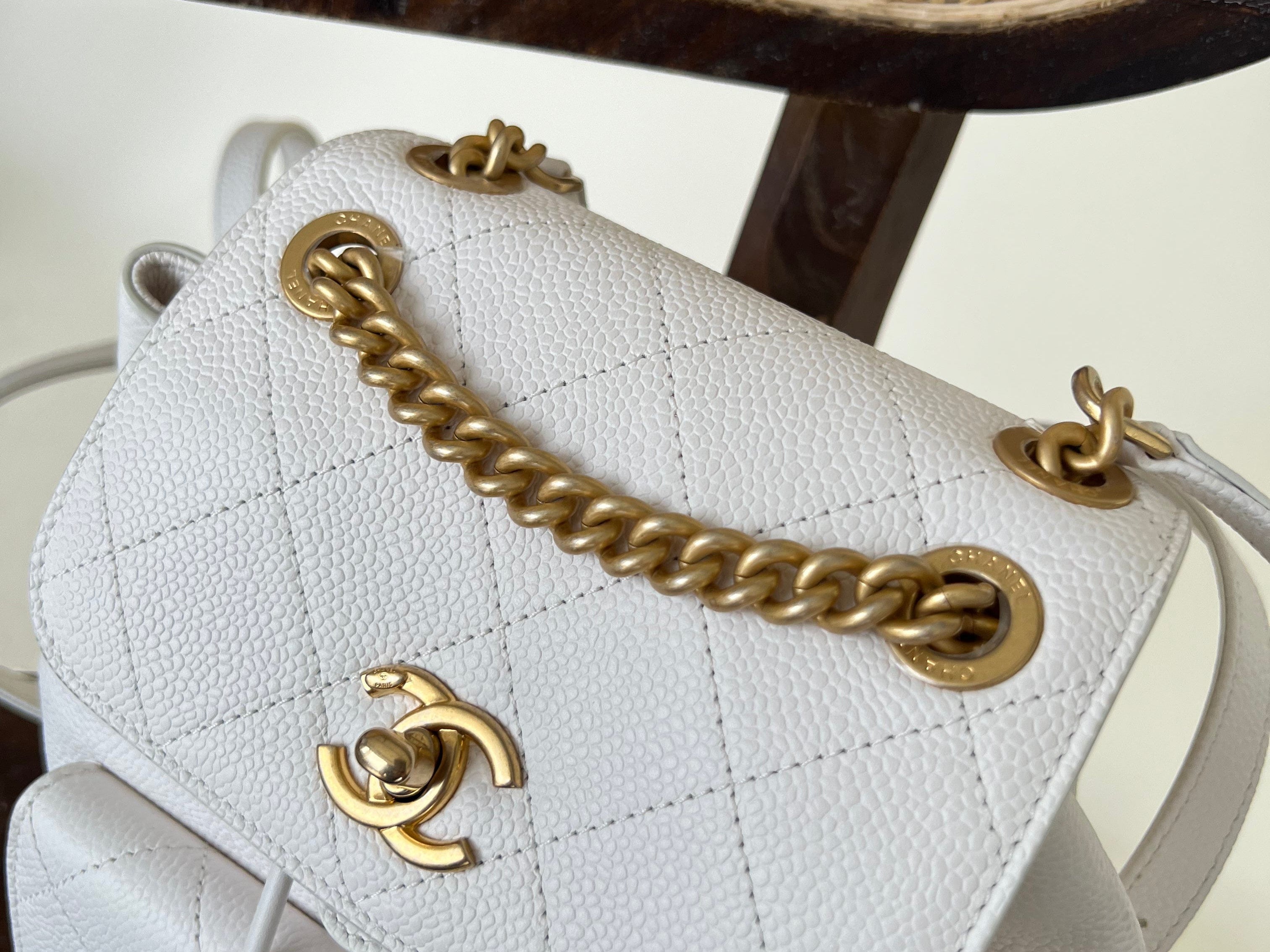 CHANEL Backpack White Caviar Quilted BackPack w/ Aged Gold Hardware -Knockoff
