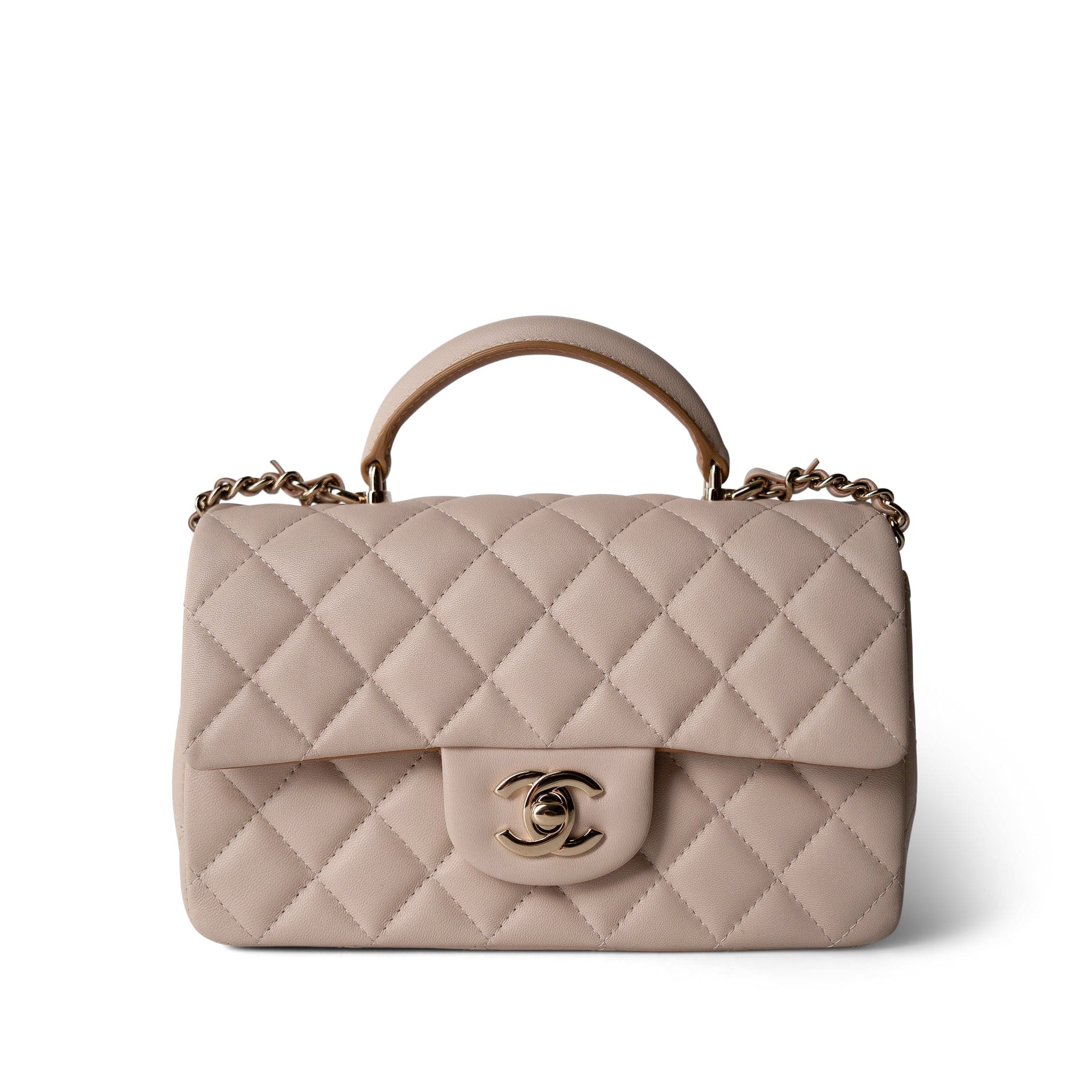 CHANEL Beige 22C Light Beige / Beige Lambskin Quilted Mini Top Handle Light Gold Hardware -Knockoff
