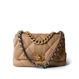 CHANEL Beige Dark Beige Goatskin Quilted 19 Flap Small Aged Gold Hardware -Knockoff
