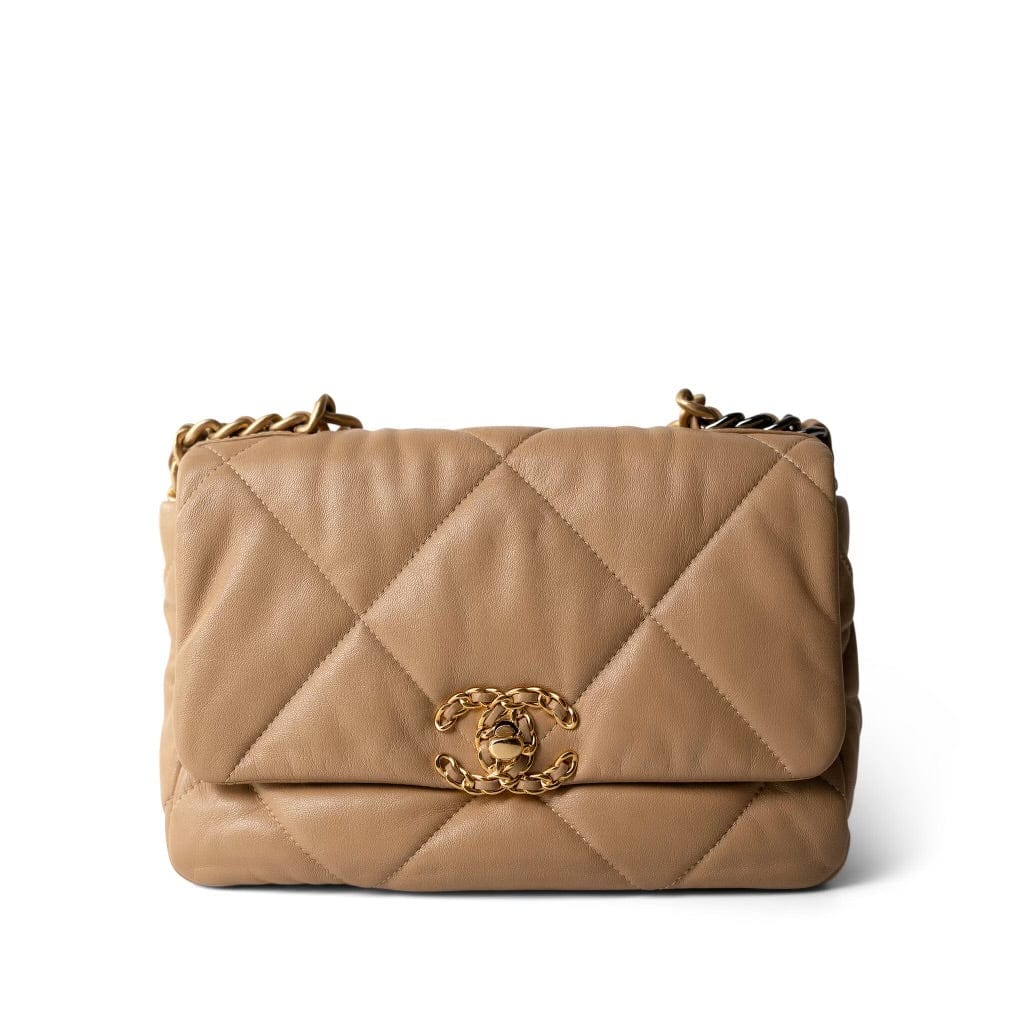 CHANEL Beige Dark Beige Goatskin Quilted 19 Flap Small Aged Gold Hardware -Knockoff
