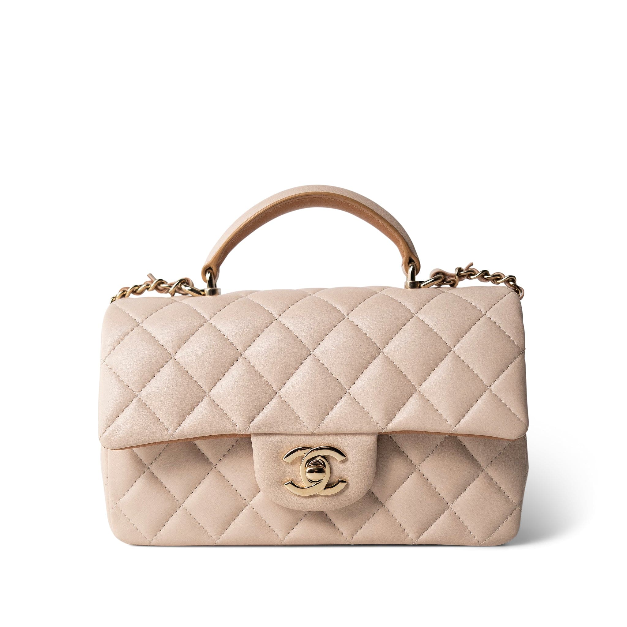 CHANEL Beige Light Beige / Beige Lambskin Quilted Mini Top Handle Light Gold Hardware -Knockoff
