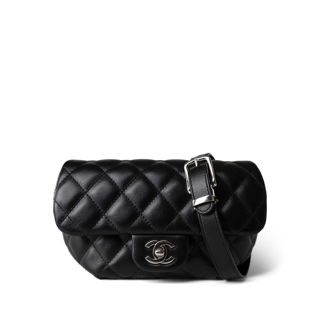 CHANEL Belt Bag Black Black Calfskin Quilted CC Uniform Flap Belt Bag Silver Hardware -Knockoff
