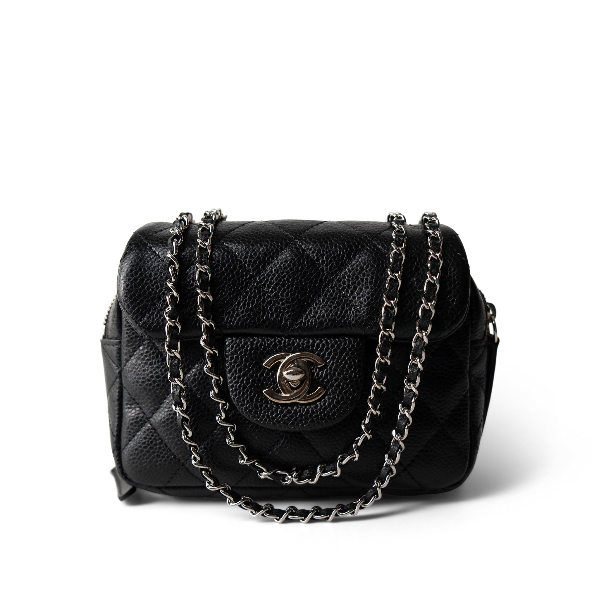 CHANEL Black 12C Black Caviar Quilted Mini Dual Zipper Case Silver Hardware -Knockoff
