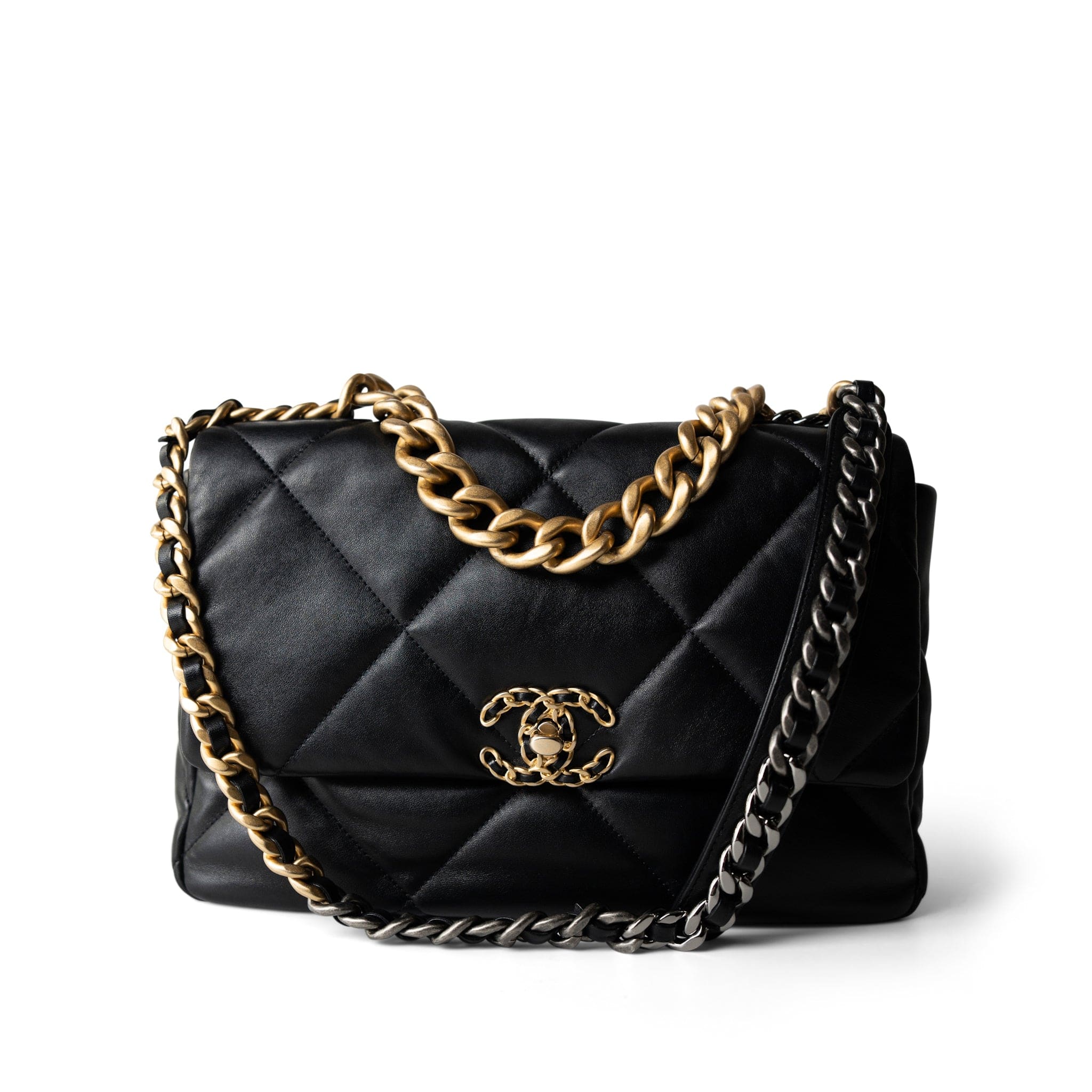 CHANEL Black Black Lambskin Quilted 19 Flap Large Aged Gold Hardware -Knockoff
