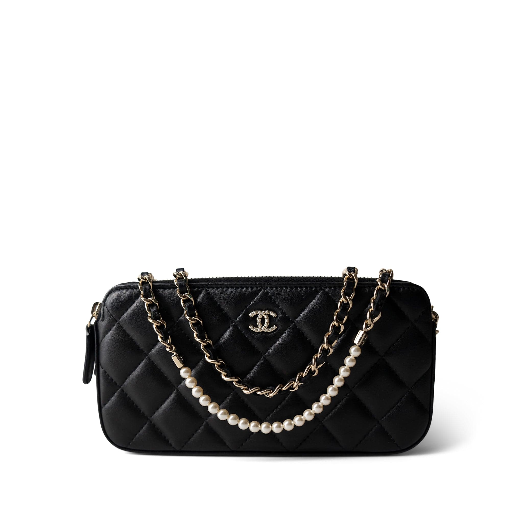 CHANEL Black Black Lambskin Quilted Small Clutch With Pearly Chain -Knockoff
