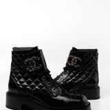 CHANEL Boots Shinny Calfskin Quilted Lace up Combat Boots -Knockoff
