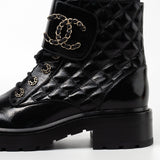 CHANEL Boots Shinny Calfskin Quilted Lace up Combat Boots -Knockoff
