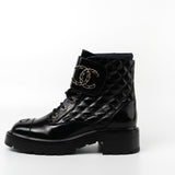 CHANEL Boots Shinny Calfskin Quilted Lace up Combat Boots -Knockoff
