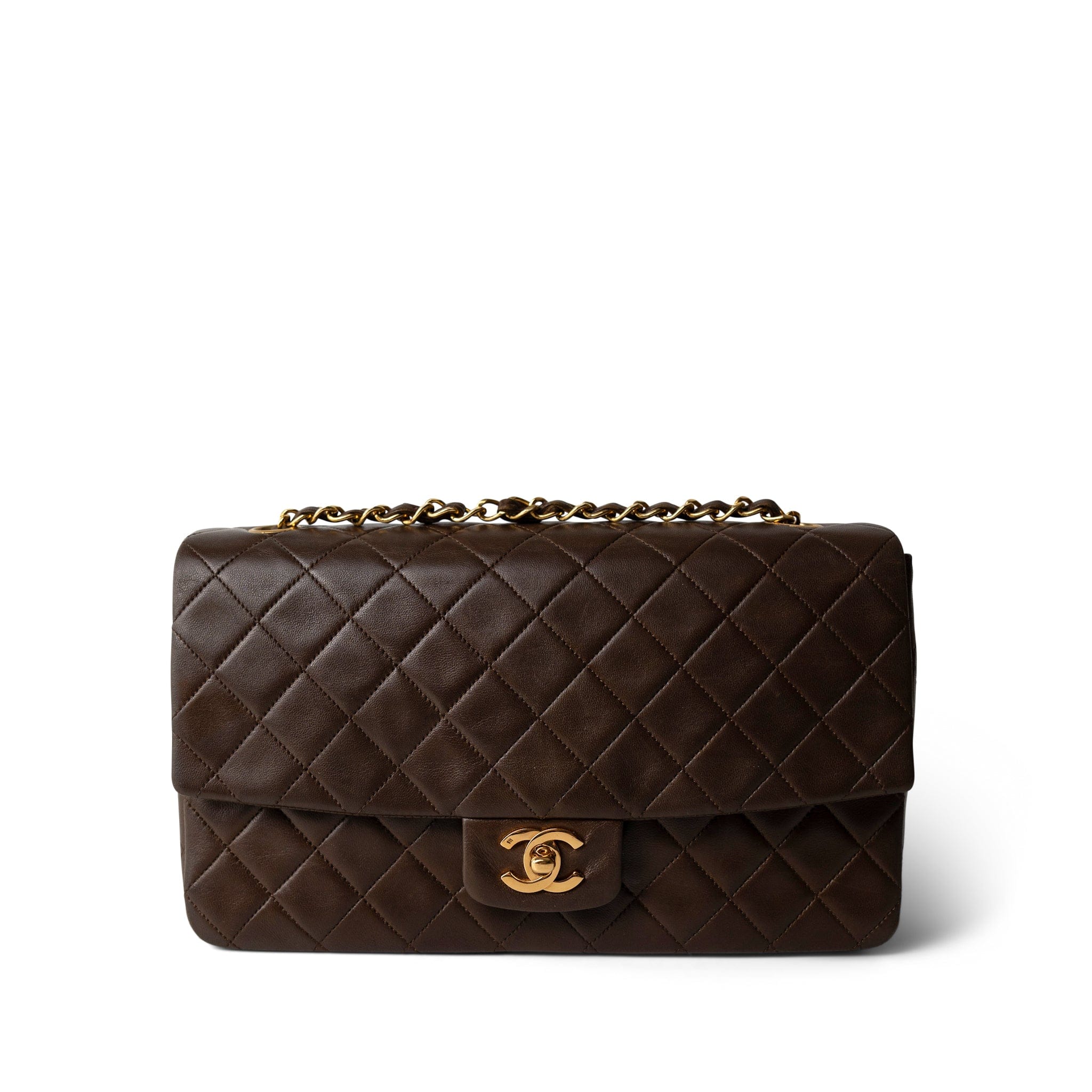 CHANEL Brown Brown Lambskin Quilted Single Flap Gold Hardware -Knockoff
