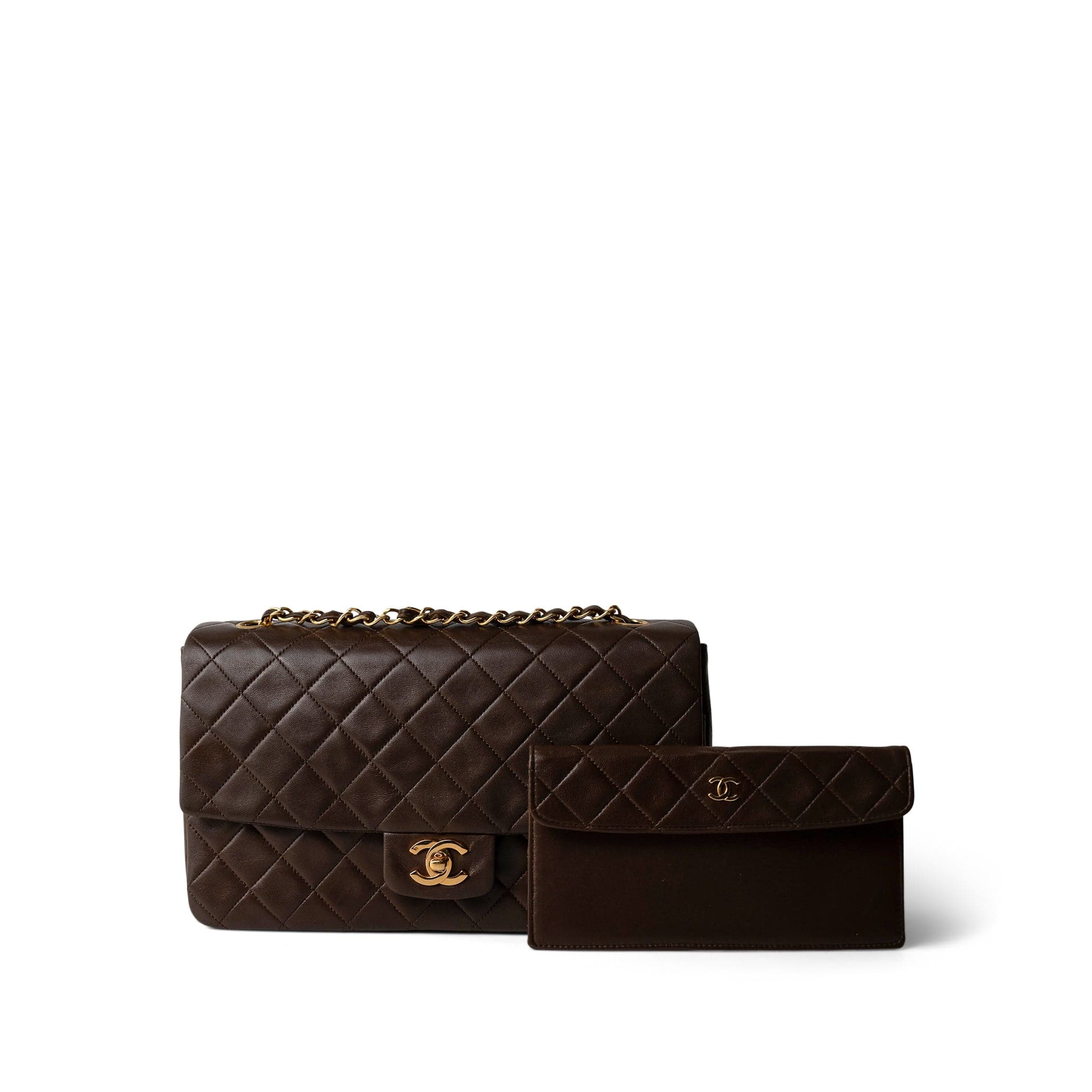 CHANEL Brown Brown Lambskin Quilted Single Flap Gold Hardware -Knockoff
