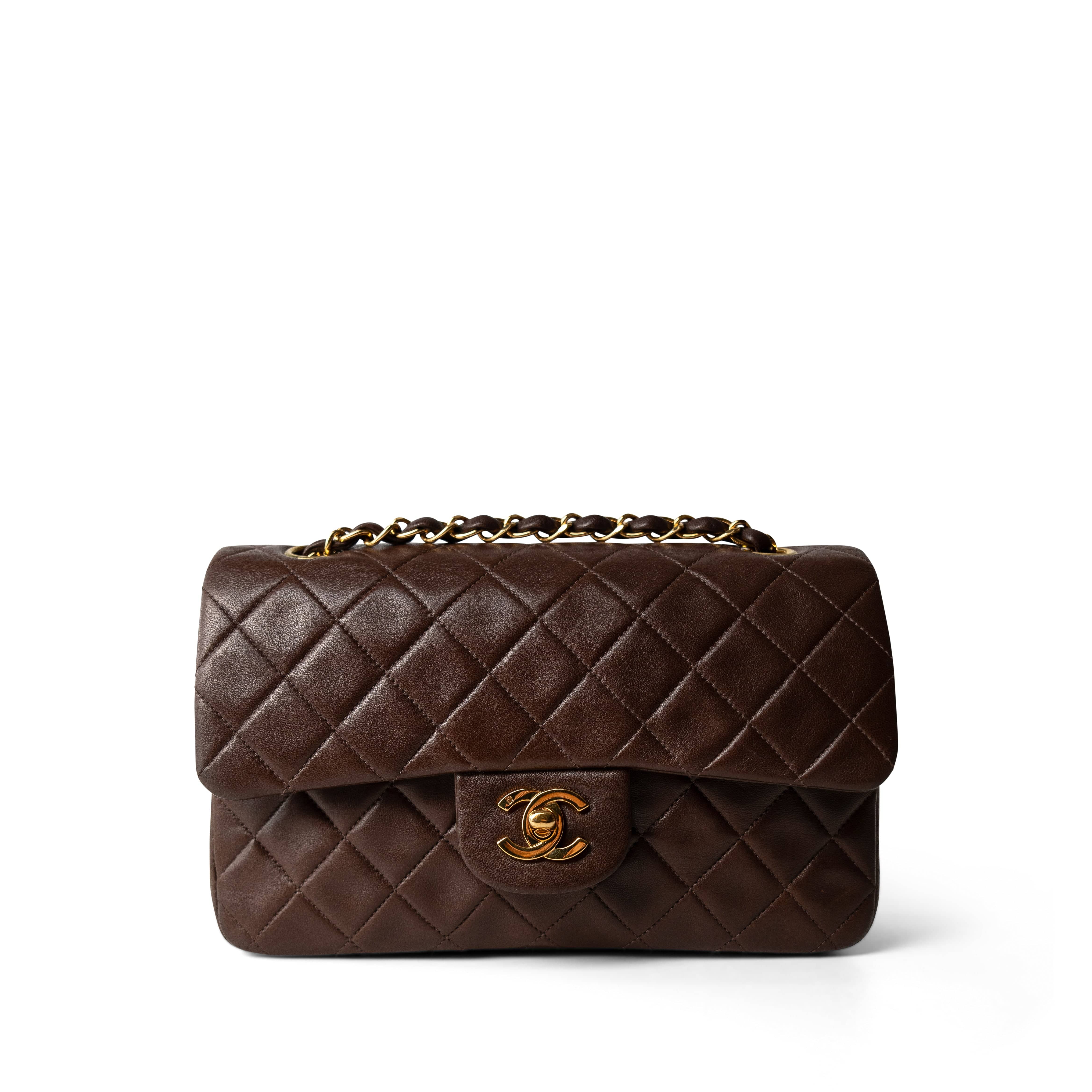 CHANEL Brown Small Brown Lambskin Quilted Classic Flap Gold Hardware -Knockoff
