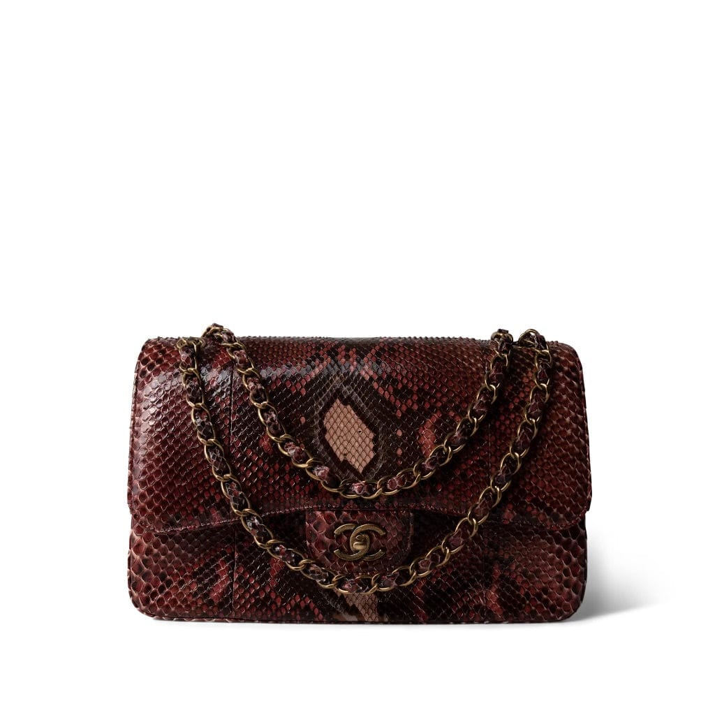 CHANEL Burgundy Burgundy Python Jumbo Classic Flap -Knockoff
