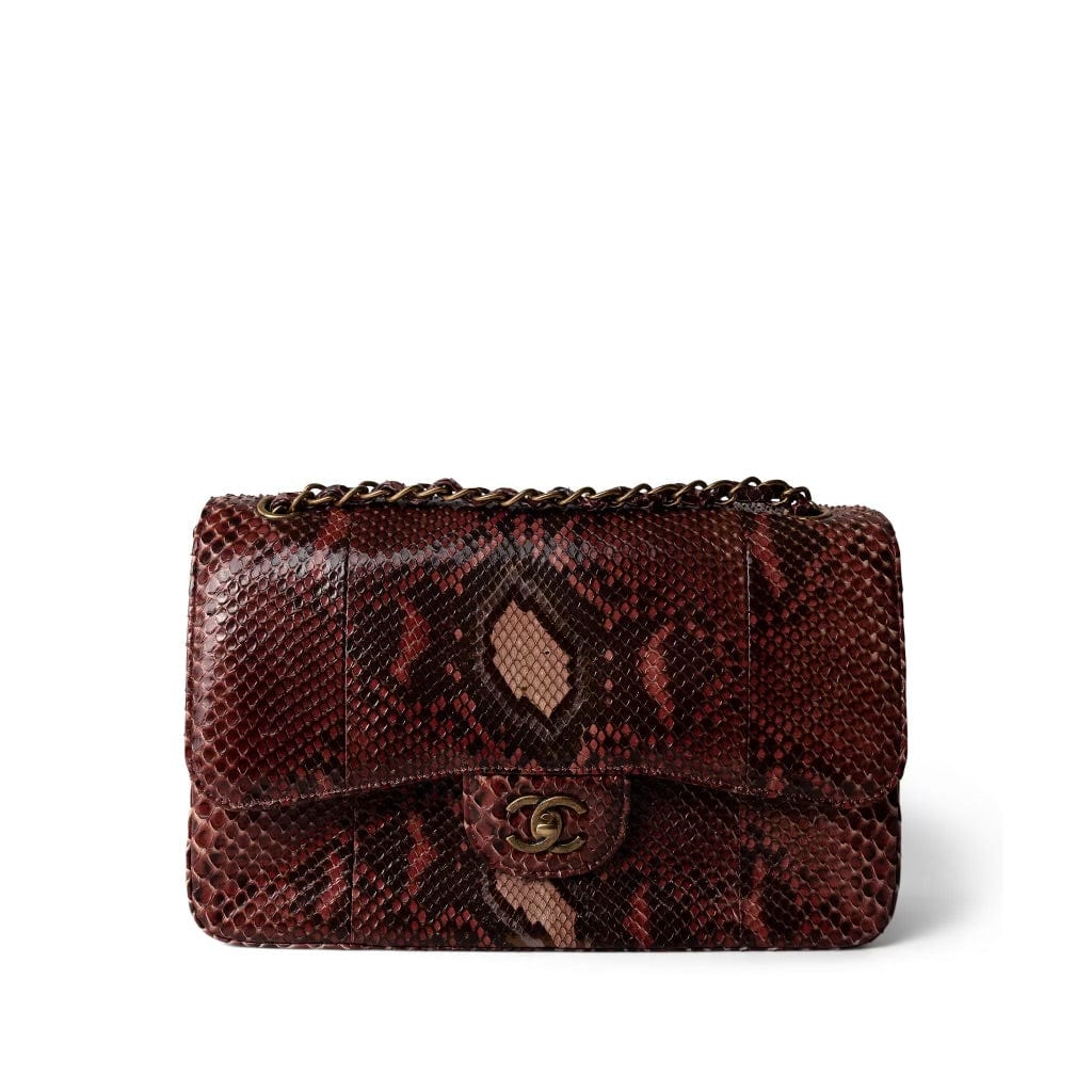 CHANEL Burgundy Burgundy Python Jumbo Classic Flap -Knockoff
