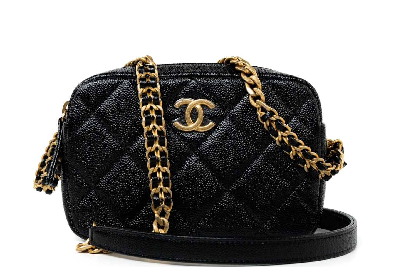 CHANEL Camera Case Black 22P Black Caviar Quilted Melody Chain Camera Bag Aged Gold Hardware -Knockoff
