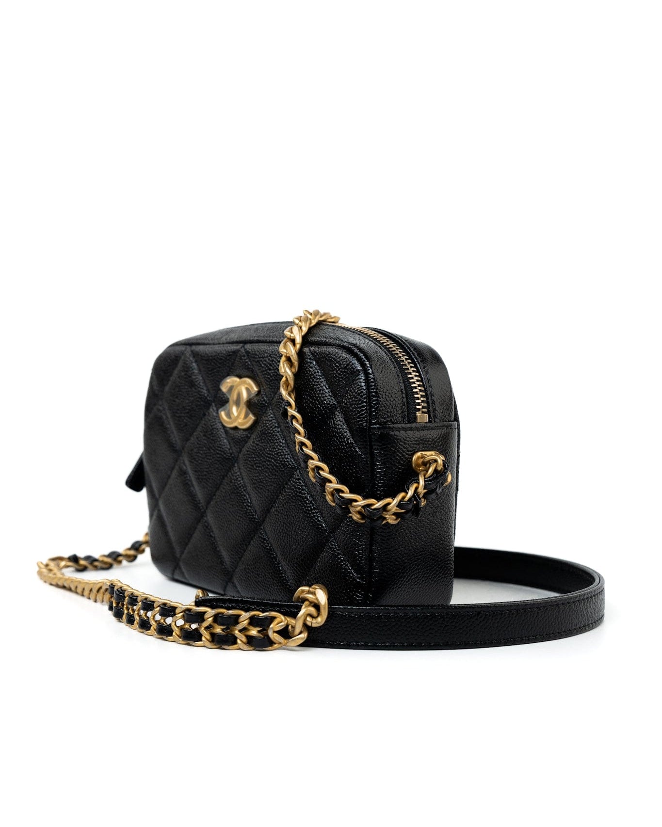 CHANEL Camera Case Black 22P Black Caviar Quilted Melody Chain Camera Bag Aged Gold Hardware -Knockoff
