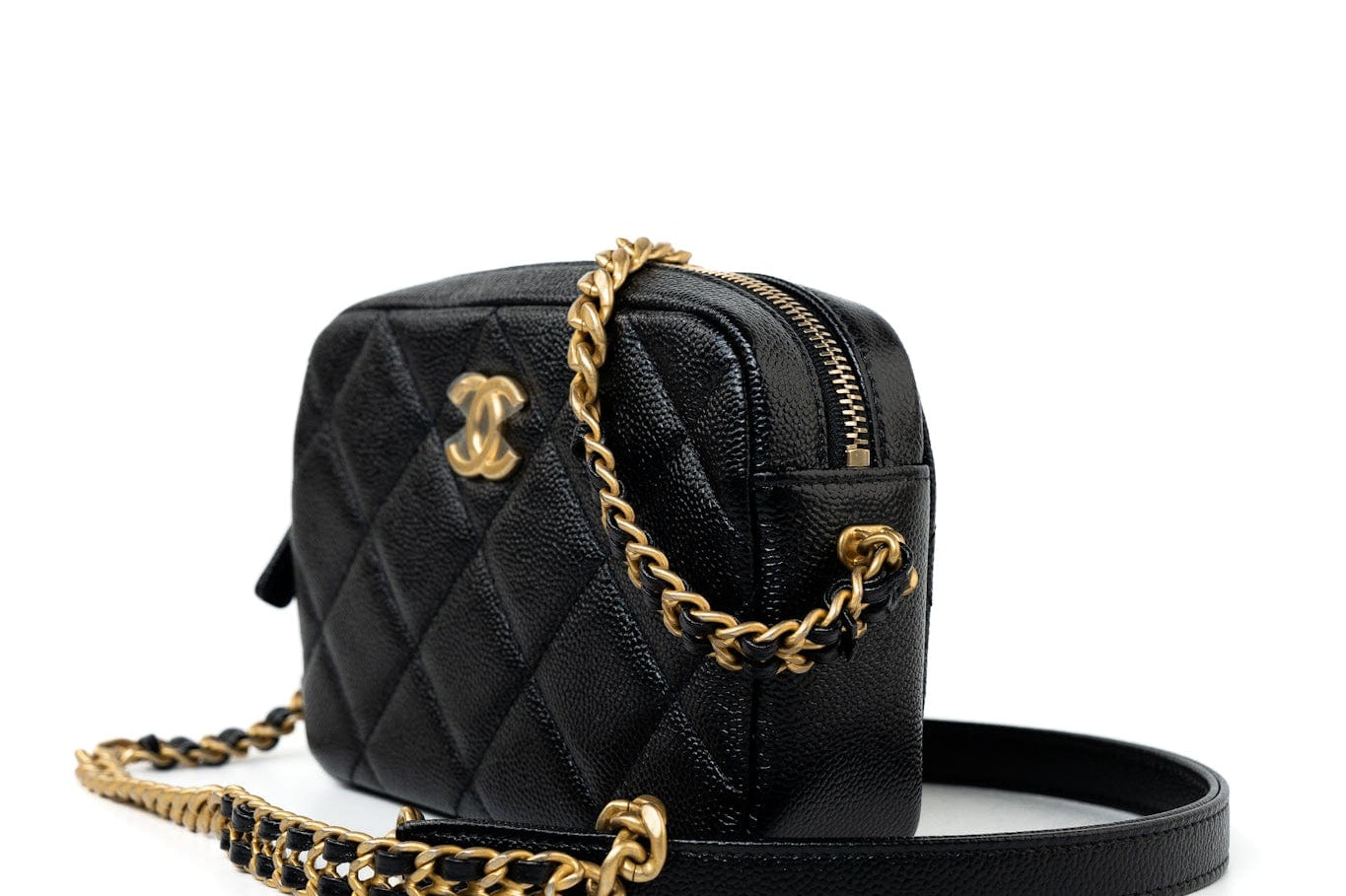 CHANEL Camera Case Black 22P Black Caviar Quilted Melody Chain Camera Bag Aged Gold Hardware -Knockoff
