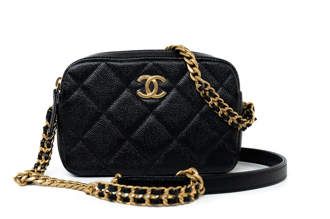 CHANEL Camera Case Black 22P Black Caviar Quilted Melody Chain Camera Bag Aged Gold Hardware -Knockoff
