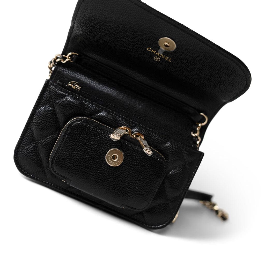 CHANEL Clutch Black Black Caviar Quilted Business Affinity Clutch With Chain Flap Light Gold Hardware -Knockoff
