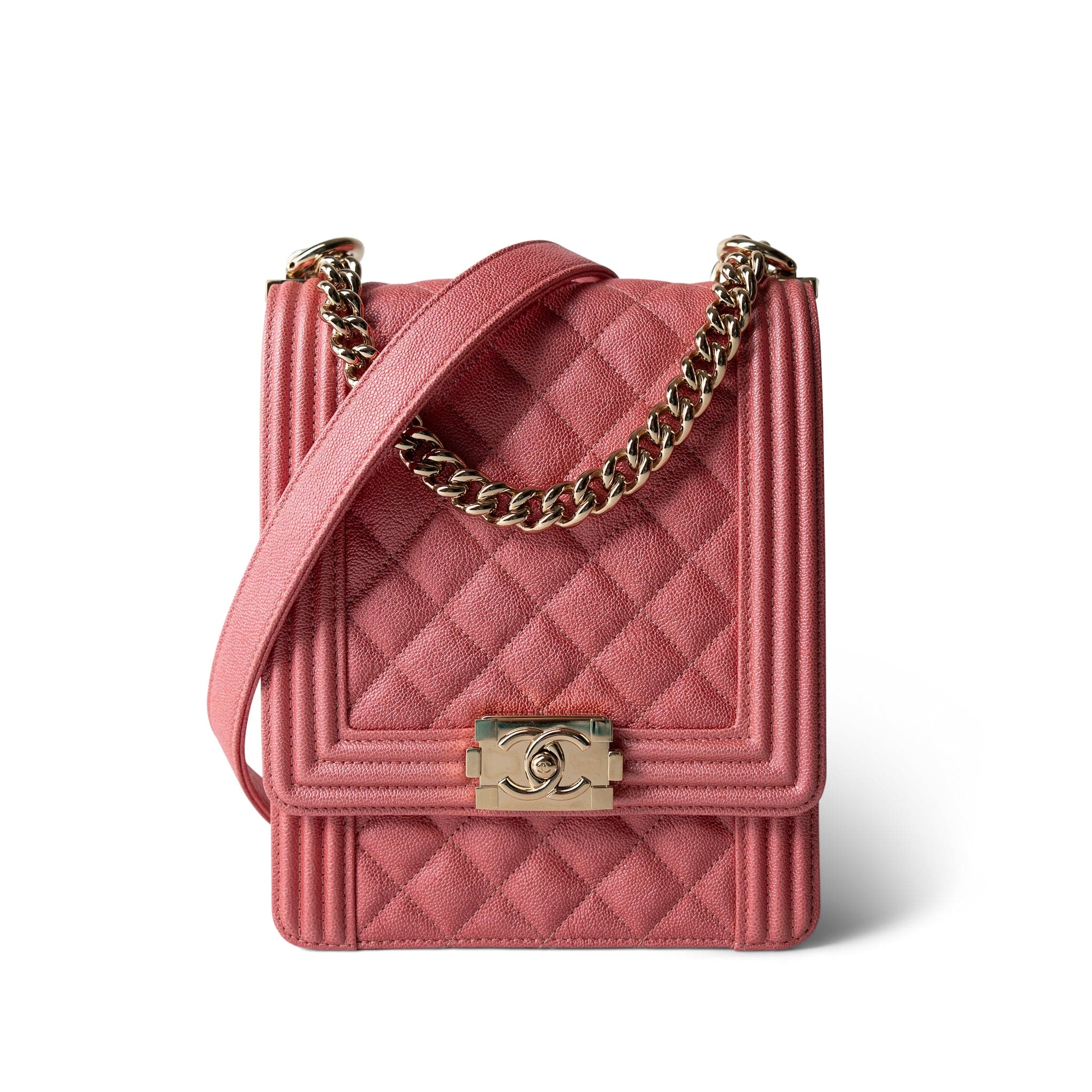 CHANEL Coral Pink Caviar Quilted North South Boy Bag Light Gold Hardware -Knockoff
