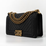 CHANEL Crossbody Black Caviar Chevron Boy Bag Medium Entwined Leather Aged Gold Hardware -Knockoff
