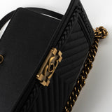 CHANEL Crossbody Black Caviar Chevron Boy Bag Medium Entwined Leather Aged Gold Hardware -Knockoff
