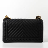 CHANEL Crossbody Black Caviar Chevron Boy Bag Medium Entwined Leather Aged Gold Hardware -Knockoff
