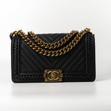 CHANEL Crossbody Black Caviar Chevron Boy Bag Medium Entwined Leather Aged Gold Hardware -Knockoff
