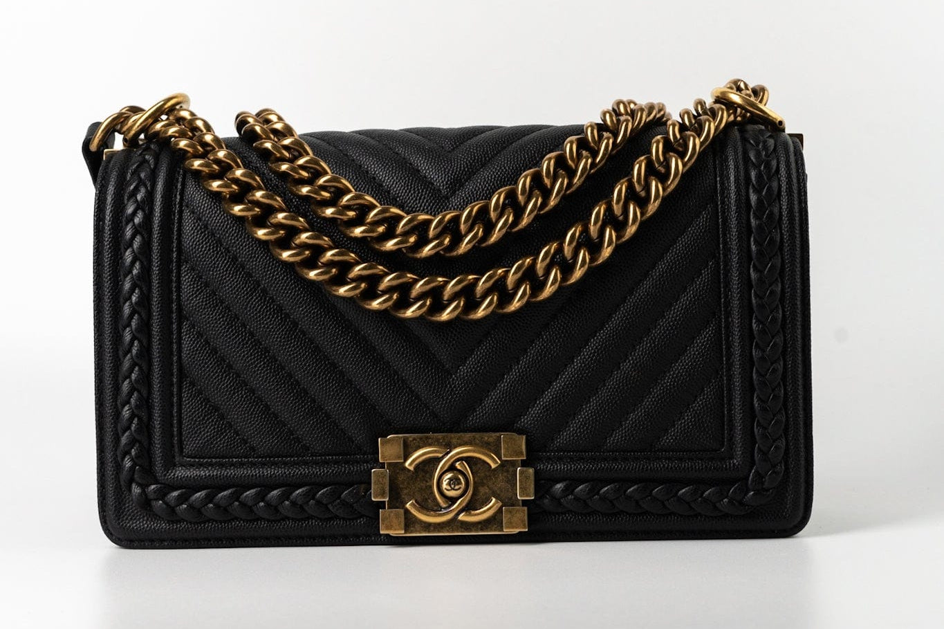 CHANEL Crossbody Black Caviar Chevron Boy Bag Medium Entwined Leather Aged Gold Hardware -Knockoff
