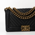 CHANEL Crossbody Black Caviar Chevron Boy Bag Medium Entwined Leather Aged Gold Hardware -Knockoff
