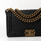 CHANEL Crossbody Black Caviar Chevron Boy Bag Medium Entwined Leather Aged Gold Hardware -Knockoff
