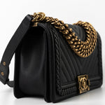 CHANEL Crossbody Black Caviar Chevron Boy Bag Medium Entwined Leather Aged Gold Hardware -Knockoff
