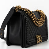 CHANEL Crossbody Black Caviar Chevron Boy Bag Medium Entwined Leather Aged Gold Hardware -Knockoff
