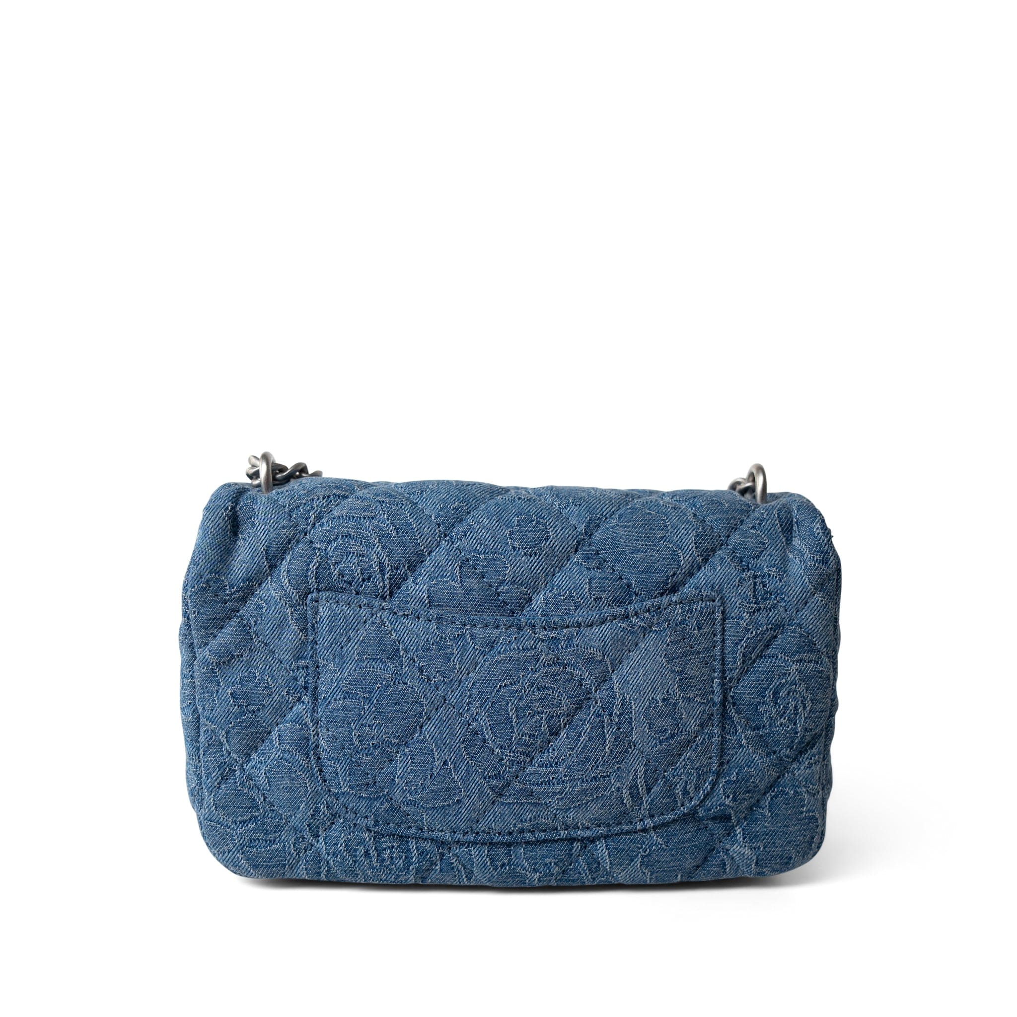 CHANEL Crossbody Single flap Blue Denim Quilted Camelia Mini Flap Aged Silver Hardware -Knockoff
