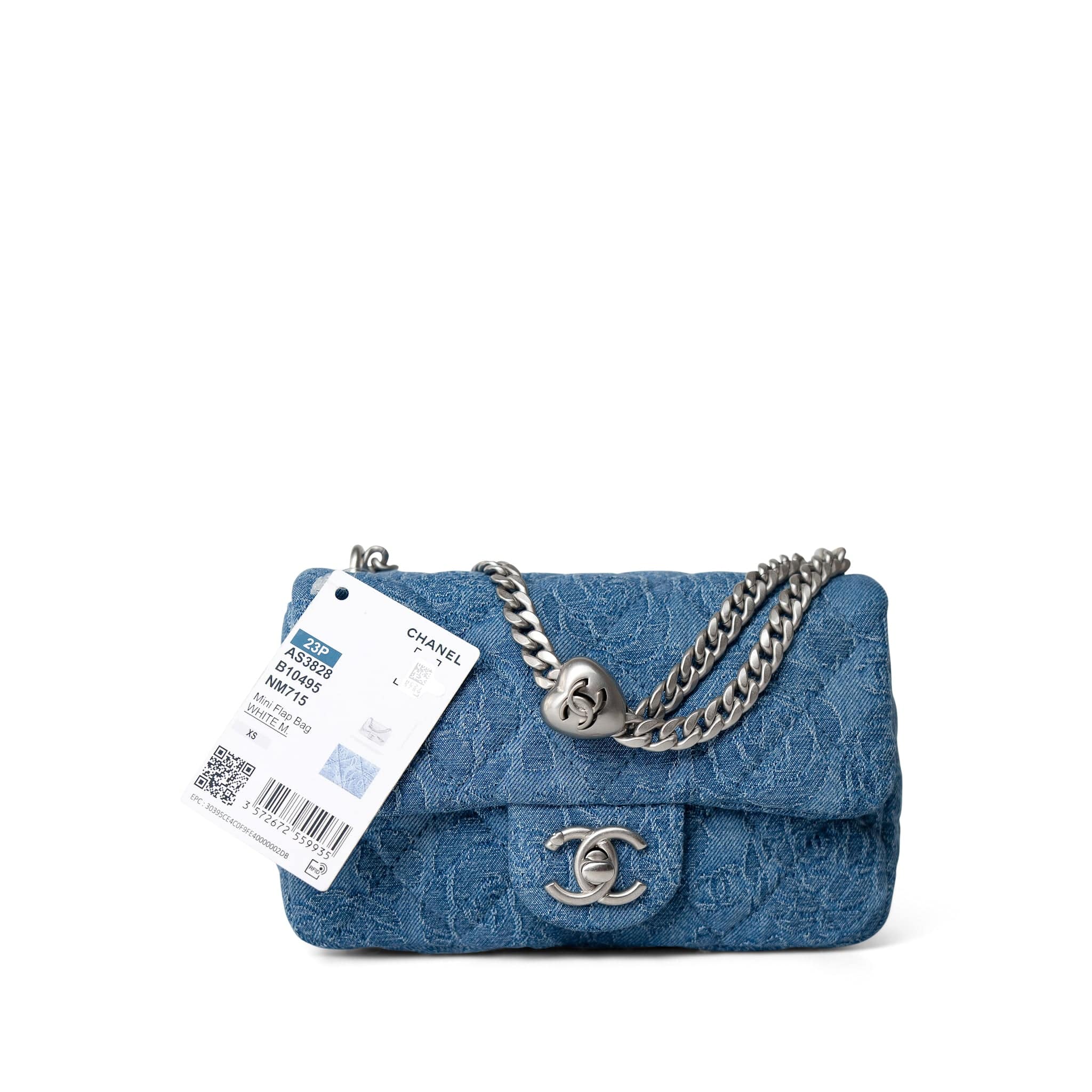 CHANEL Crossbody Single flap Blue Denim Quilted Camelia Mini Flap Aged Silver Hardware -Knockoff
