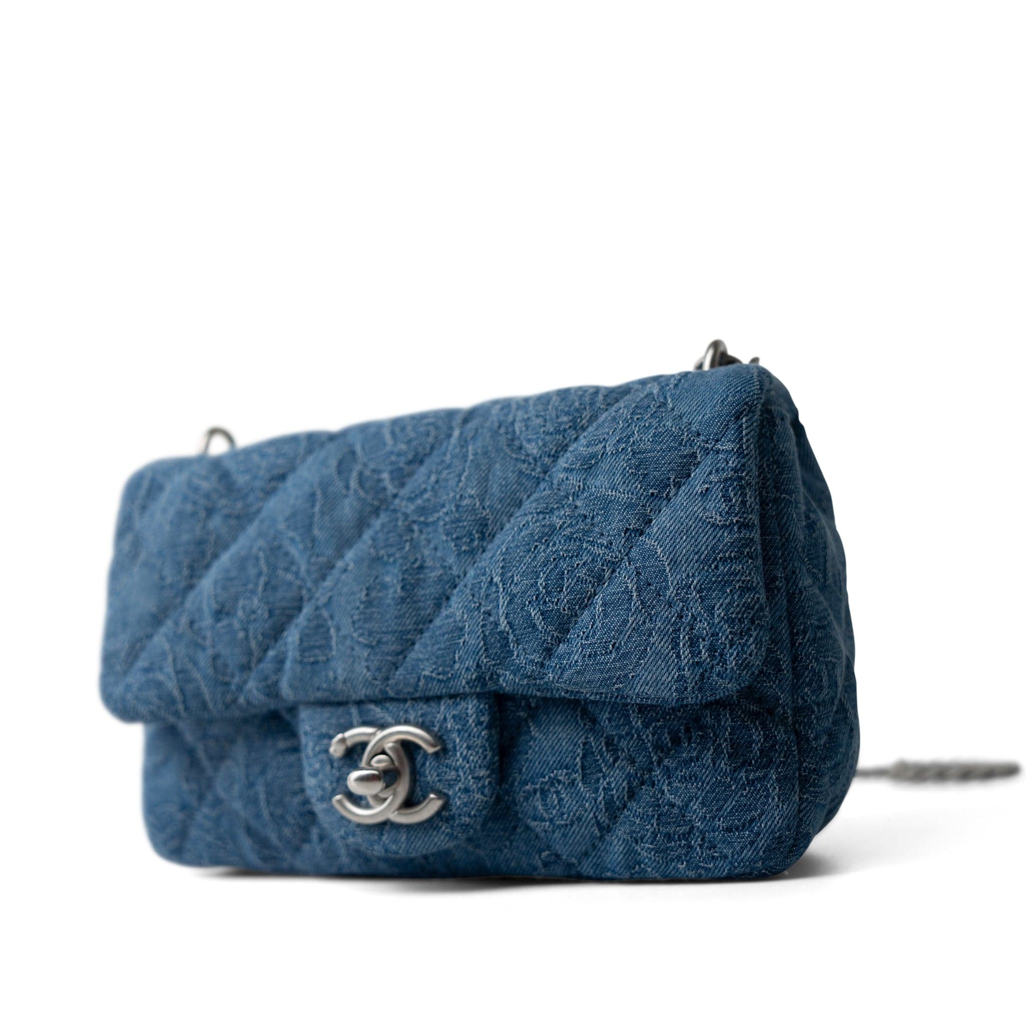 CHANEL Crossbody Single flap Blue Denim Quilted Camelia Mini Flap Aged Silver Hardware -Knockoff
