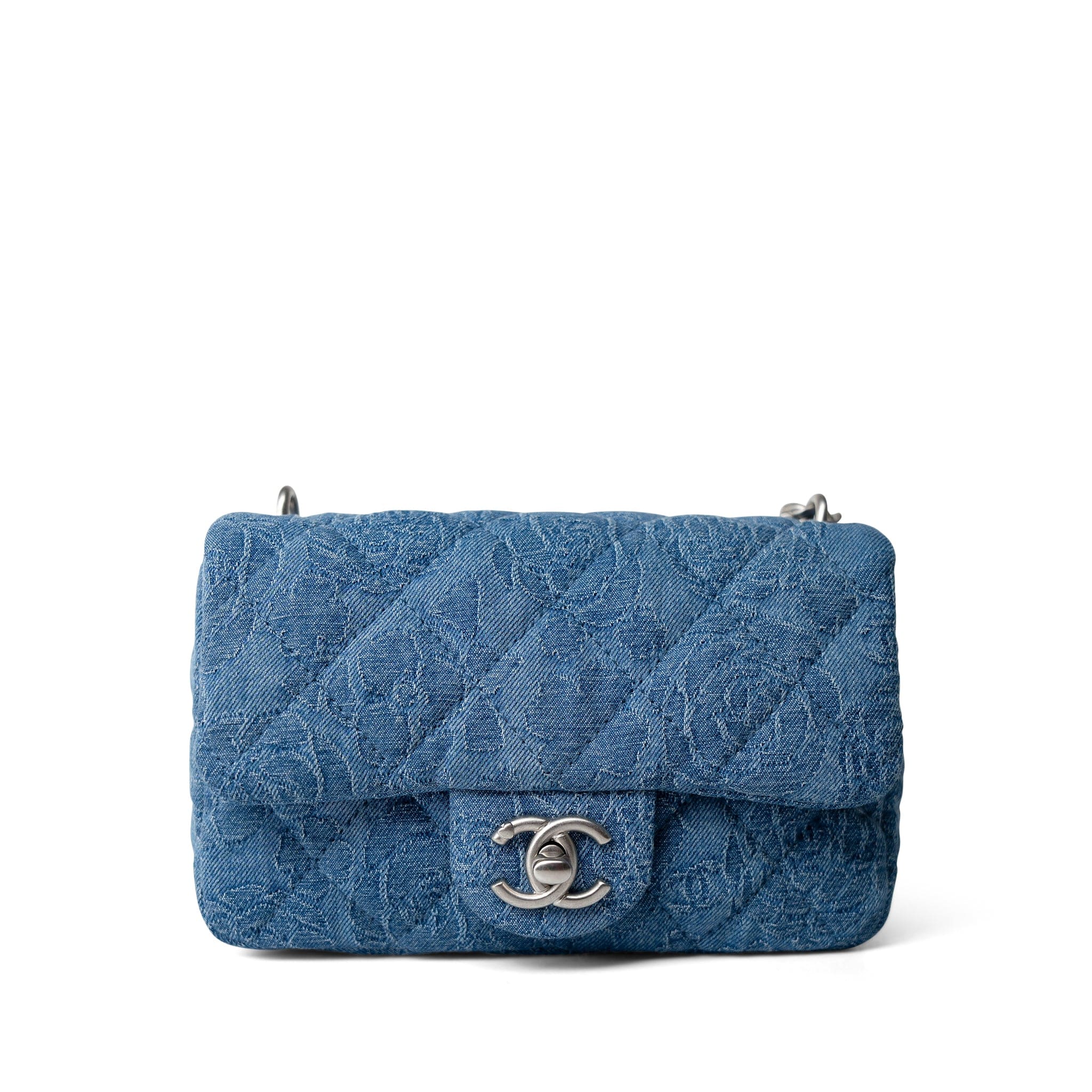 CHANEL Crossbody Single flap Blue Denim Quilted Camelia Mini Flap Aged Silver Hardware -Knockoff
