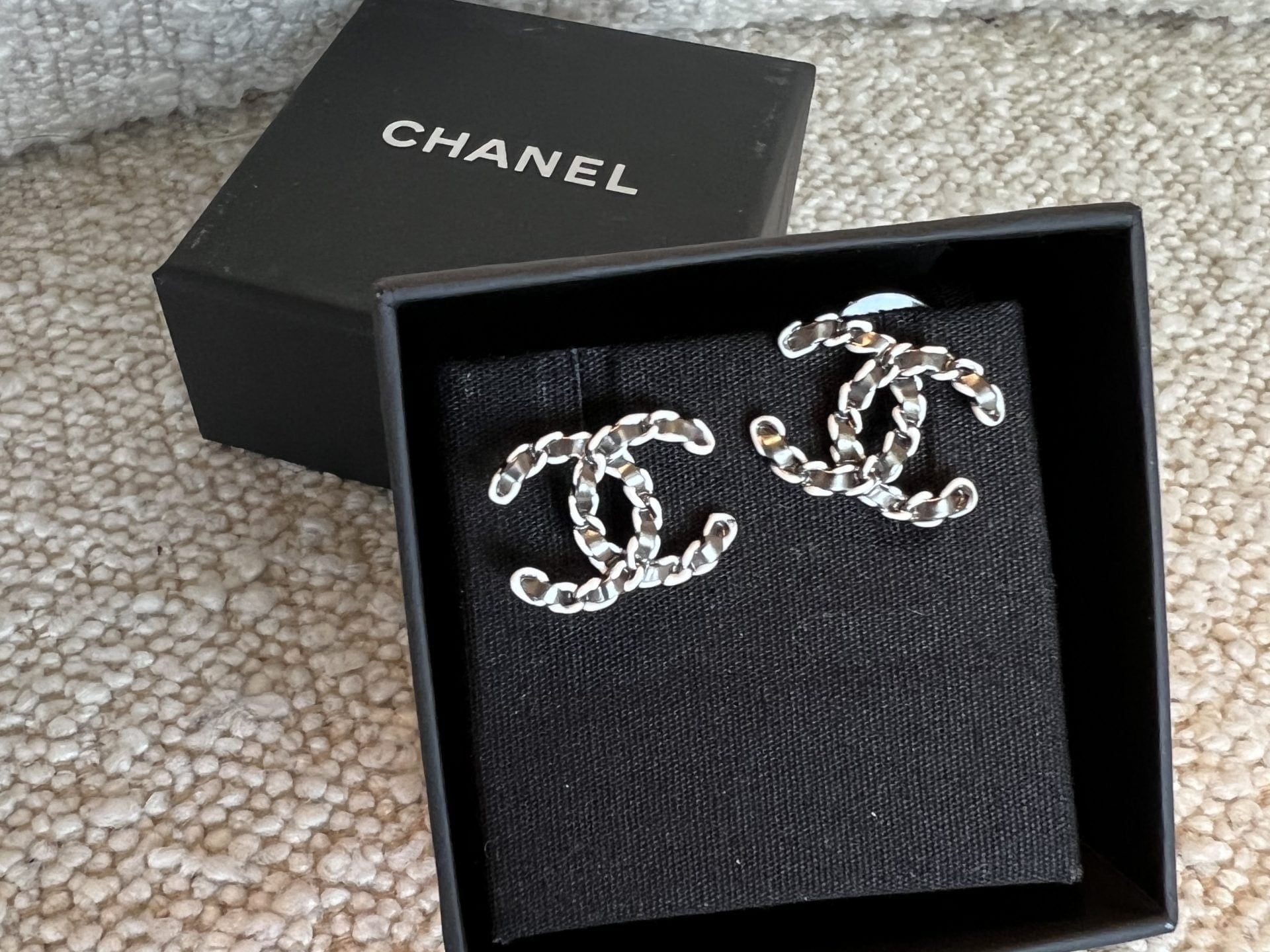 CHANEL Earrings Chanel Classic CC Ruthenium White Metal Earrings -Knockoff
