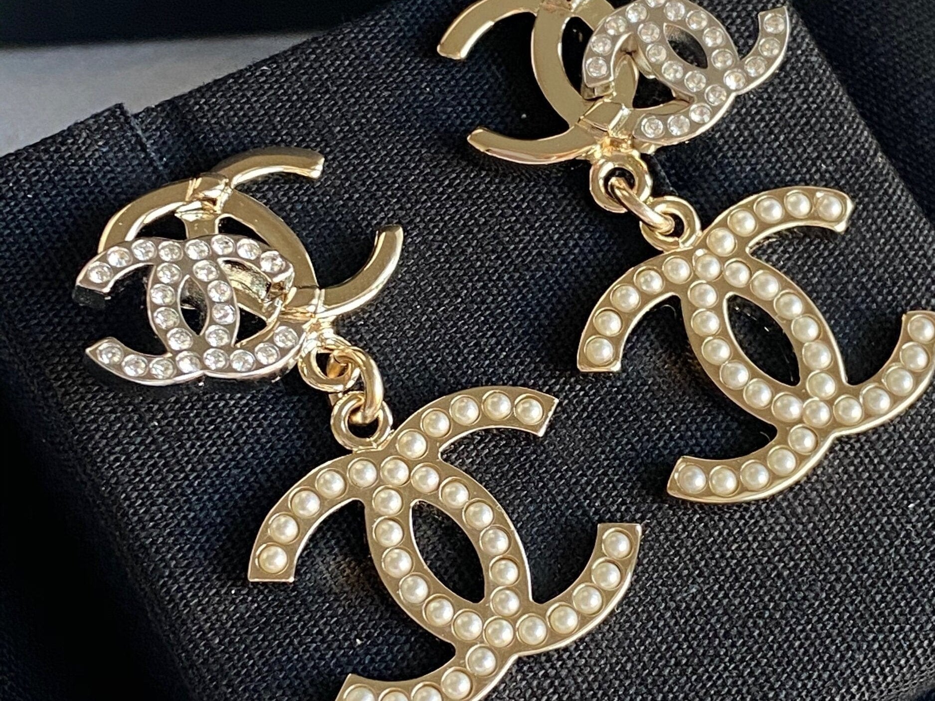 CHANEL Earrings Chanel Triple CC Pearly White Earrings Light Gold and Silver -Knockoff
